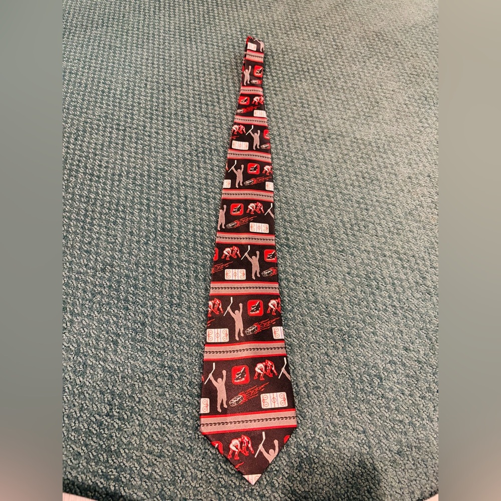RALPH MARLIN Black and Red Graphic Hockey Themed Necktie